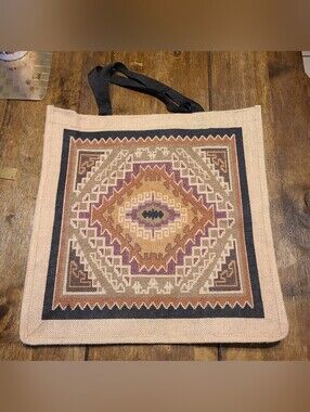 El Paso Saddleblanket Jute Tote Bag Large 18x17 Aztec Southwest Burlap Carryall